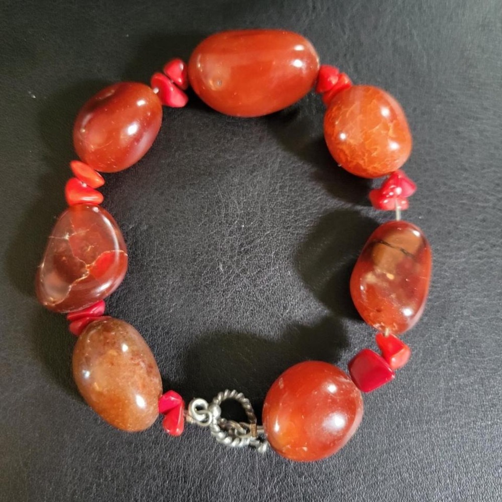 chunky carnelian agate and red coral chip toggle‎ bracelet southwestern 90s